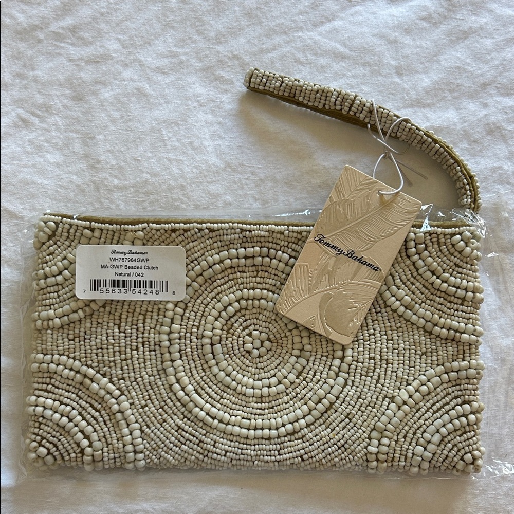 BRAND NEW !! still in cover, Tommy Bahama Cream and Tan Beaded Clutch